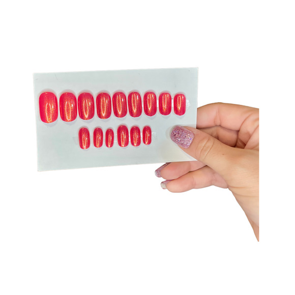 Hot Pink w Orange Gold Shimmer Polished & Glazed Nails|Press On Nails|V Day Mani - Picture 1 of 10